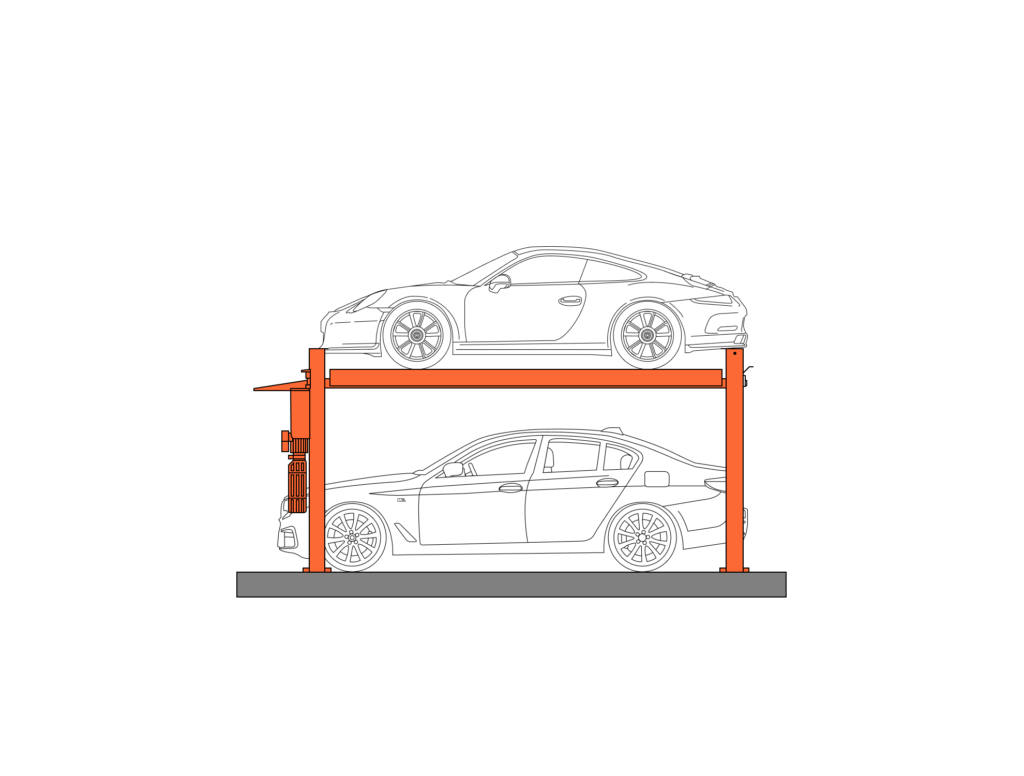 Two car four post parking lift diagram side on view