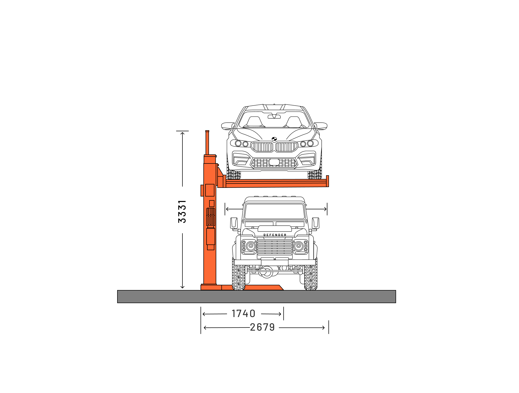 Strong single post parking lift diagram front view